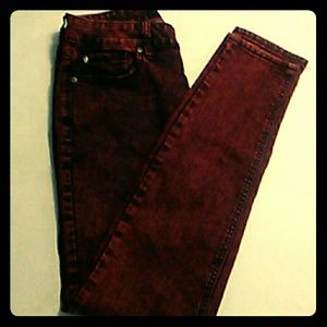 pinkish red and black lovesick jeans